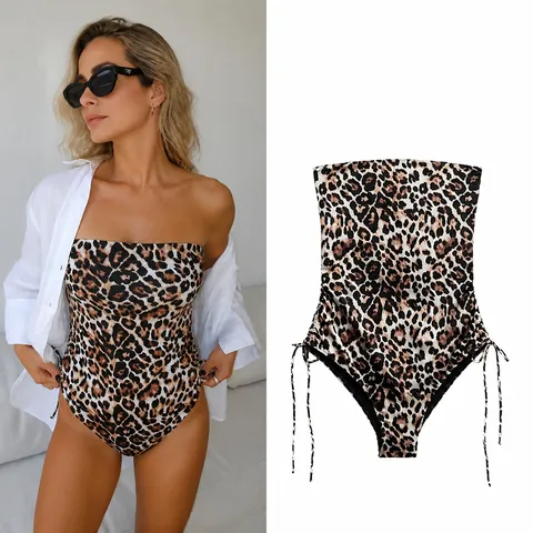 Γυναικείο Ολόσωμο Μαγιό με Animal Print Σέξι Λεοπάρ Στράπλες Κορμάκι Στενή Γραμμή Πλεκτό Ύφασμα Τυπωτό Top And Bottom Διακοπές