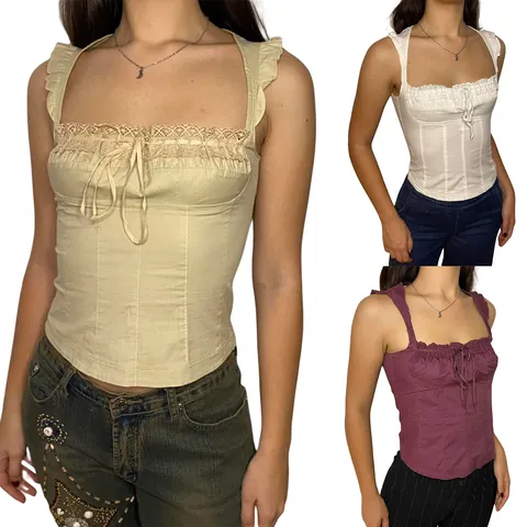 Top Corsetto in Cotone Senza Maniche da Donna Elegante Scollo Quadrato Bordo in Pizzo Fiocco Spalla con Volant Retrò