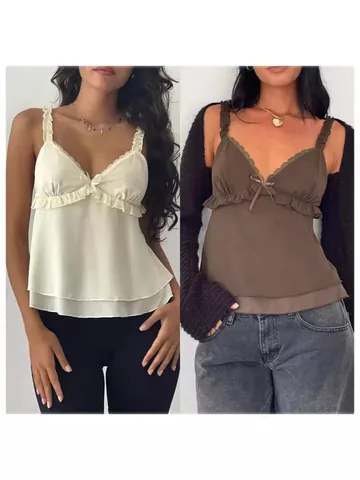 Französischer Stil Damen Chiffon Spitze Cami Top Gerafft Schleife V-Ausschnitt Ärmellos Slim Fit Einfarbig Süßes Unterhemd Top