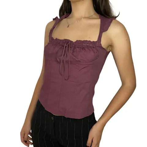 Top Corsetto in Cotone Senza Maniche da Donna Elegante Scollo Quadrato Bordo in Pizzo Fiocco Spalla con Volant Retrò