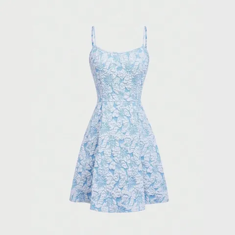 Women Sleeveless 3D Floral Jacquard Dress Square Neck Pleated Mini Dress Elegant Slim Fit A-Line Party Dress Summer Fashion