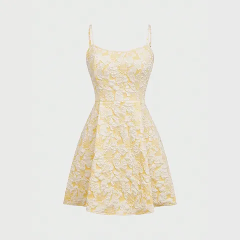Women Sleeveless 3D Floral Jacquard Dress Square Neck Pleated Mini Dress Elegant Slim Fit A-Line Party Dress Summer Fashion