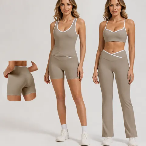 Ensemble de Yoga à Bordure Contrastée pour Femmes Top And Bottom Taille Croisée Brassière de Sport Legging Évasé Fitness Gym