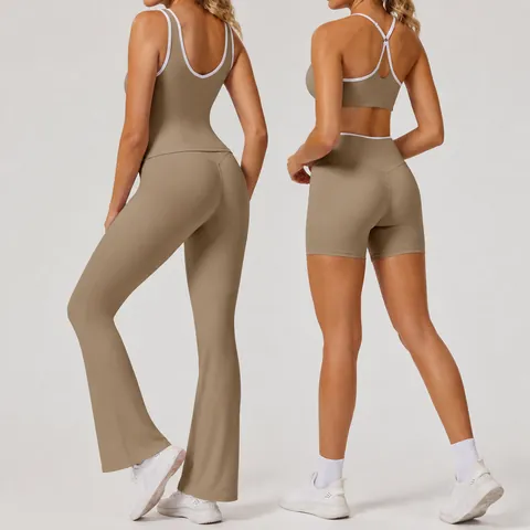 Ensemble de Yoga à Bordure Contrastée pour Femmes Top And Bottom Taille Croisée Brassière de Sport Legging Évasé Fitness Gym