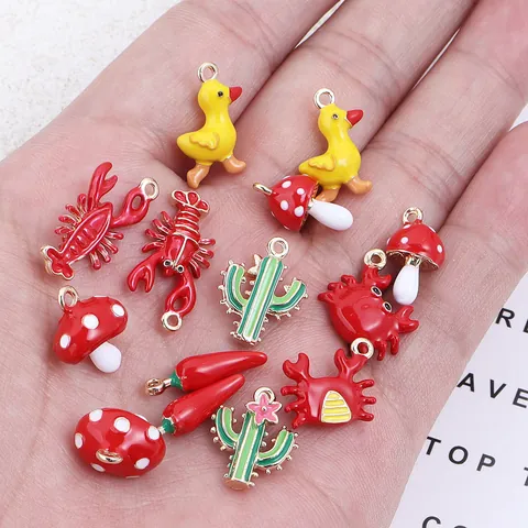 3D Alloy Enamel Simulated Lobster Mushroom Duck Crab Charms For DIY Handmade Jewelry Making Pendant Accessories Cartoon Animal Plant Charms