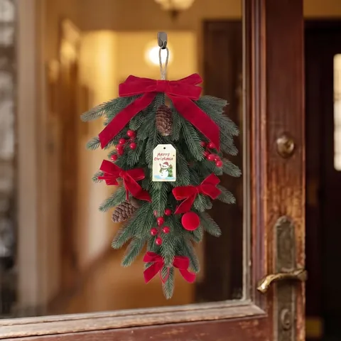 Artificial Christmas Teardrop Swag With Red Velvet Bows Pine Cones Berries Traditional Pine Needle Hanging Ornament For Door Wall Home Decor