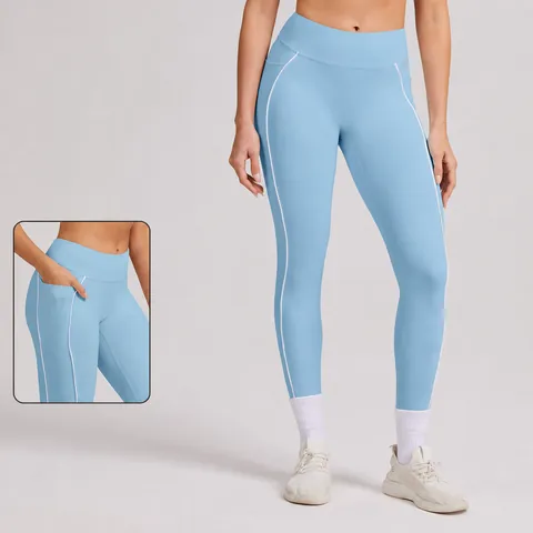 Damen High Waist Yogahosen Kontrastpaspelierung Schnelltrocknend Gym Leggings Mit Seitentaschen Laufen Fitness Sport Unterteil