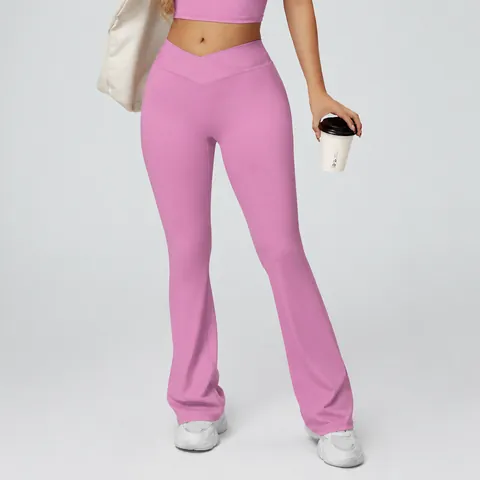 Pantaloni da Yoga a Zampa da Donna a Vita Alta Incrociata Controllo Pancia Sollevamento Glutei Leggings Nylon Spandex Sport Trousers
