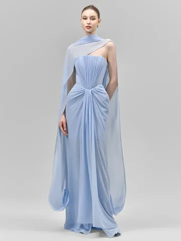 Women Elegant Off-Shoulder Pleated Maxi Dress Sexy Solid Blue Evening Party Gown With Streamers Polyester Strapless Dress