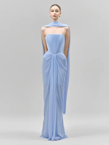Women Elegant Off-Shoulder Pleated Maxi Dress Sexy Solid Blue Evening Party Gown With Streamers Polyester Strapless Dress