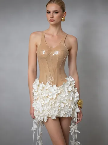 Women Sexy Bodycon Sequin Patchwork 3D Flower Mini Dress For Party Luxurious Stitching Evening Gown Camisole Cocktail Dress