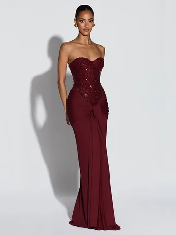 Women Sexy Sequin Strapless Evening Dress Slim Fit High Waist Pleated Ruched Long Prom Gown Elegant Party Banquet Bodycon Dress