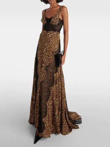 Sexy Leopard Print Lace Patchwork Slip Dress For Women Elegant Backless Maxi Dress For Banquet Evening Party V-Neck Slim Fit Long Dress