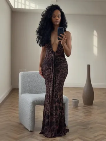 Sexy Halter Neck Deep V Leopard Print Maxi Dress Slim Fit Ruched Bodycon Polyester Sleeveless Evening Party Dress For Women