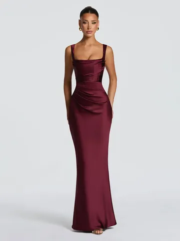 Women Sexy Ruched Satin Sleeveless Maxi Dress Backless Lace-up Polyester Evening Gown For Banquet Party Elegant Slim Fit