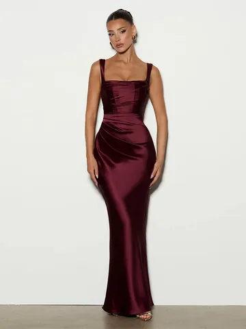 Women Sexy Ruched Satin Sleeveless Maxi Dress Backless Lace-up Polyester Evening Gown For Banquet Party Elegant Slim Fit