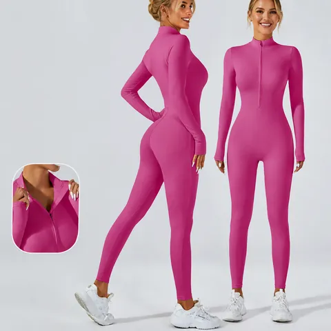 Mono de Yoga de Manga Larga con Cremallera para Mujer Alta Elasticidad Unitard de Entrenamiento Sensación de Piel Desnuda Una Pieza