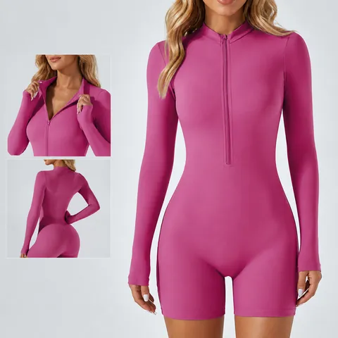 Women Long Sleeve Yoga Jumpsuit Slim Fit Half Zipper Romper With Thumbholes Athletic Dance Fitness One-Piece Sportswear