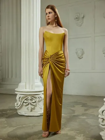 Women French Sexy Satin High Slit Evening Maxi Dress Elegant Ruched Twist Strapless Banquet Party Formal Long Dress For Women