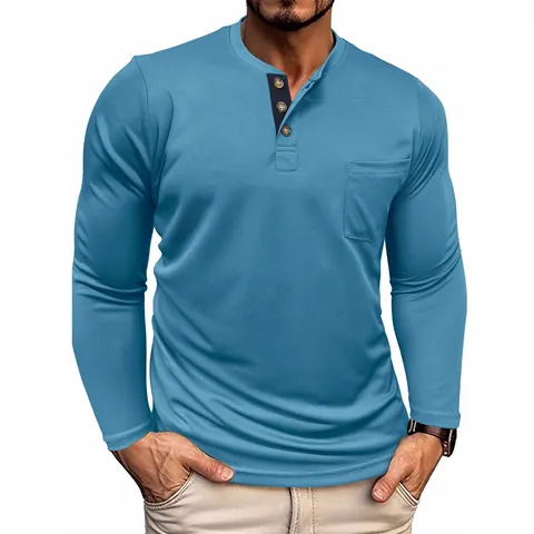 Men Long Sleeve Henley T-Shirt Solid Color Pocket Patchwork Loose Fit Casual Sporty Polyester Top Autumn Breathable Base Layer