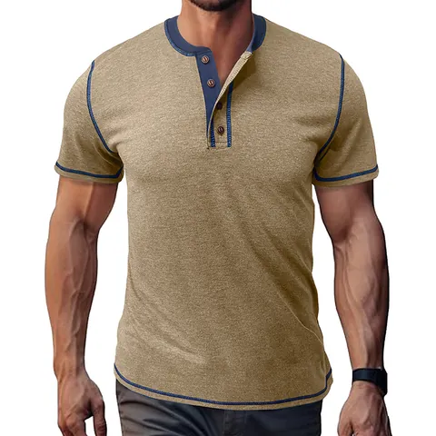 Men Casual Short Sleeve Henley Shirt Slim Fit Contrast Stitching Round Neck T-Shirt Summer Solid Color Heather Textured Top