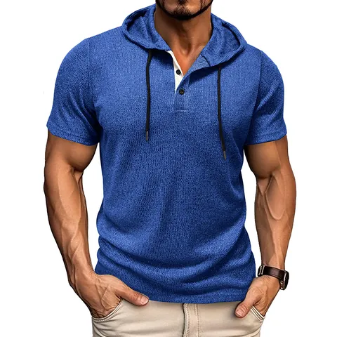 Men's Fashion Hooded Henley T-Shirt Short Sleeve Waffle Texture Solid Color American Style Casual Slim Fit Pullover Top