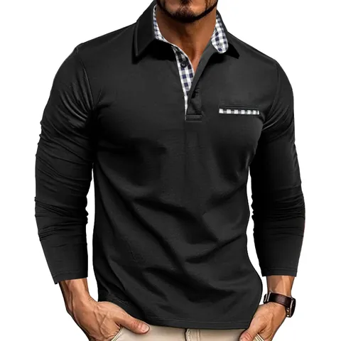 Polo de Manga Larga para Hombre Patchwork Cuadros Bolsillo Solapa Ajuste Regular Transpirable Casual Moda Urbana Poliéster Top