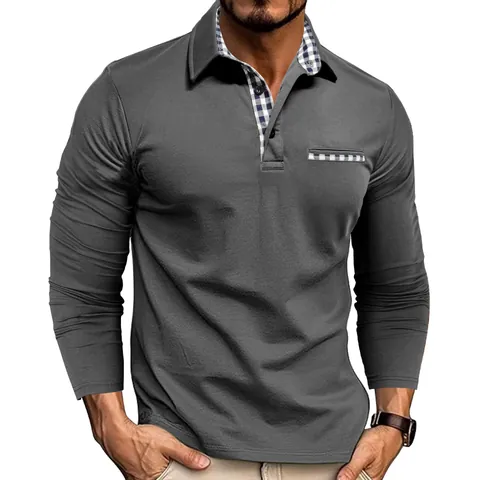 Polo de Manga Larga para Hombre Patchwork Cuadros Bolsillo Solapa Ajuste Regular Transpirable Casual Moda Urbana Poliéster Top