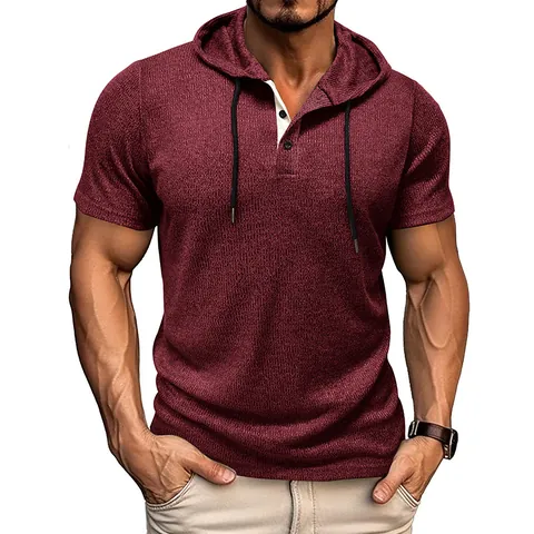 Men's Fashion Hooded Henley T-Shirt Short Sleeve Waffle Texture Solid Color American Style Casual Slim Fit Pullover Top