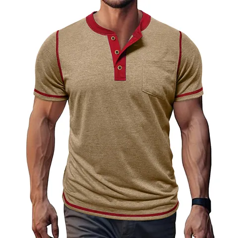 Men Casual Henley T-Shirt Contrast Color Breathable Quick Dry Short Sleeve Top Polyester Summer Slim Fit Patch Pocket Tee