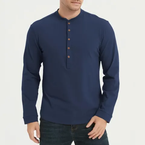 Men's Long Sleeve Henley Shirt Pure Cotton Antibacterial Solid Color Button Casual Base Layer T-Shirt Slim Fit Top