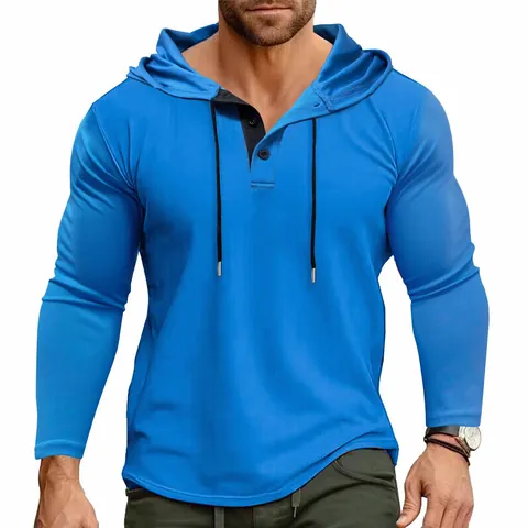 Felpa con Cappuccio Henley a Maniche Lunghe da Uomo Asciugatura Rapida Coulisse Tinta Unita Poliestere Traspirante Sportiva Casual Felpa con Cappuccio Top Abbigliamento Autunno Inverno