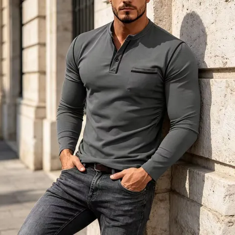 Men Sporty Henley Neck Long Sleeve T-Shirt Quick Dry Polyester Top With Chest Pocket Patchwork Solid Casual Fitness Apparel