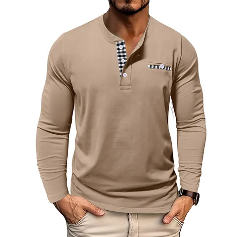 Men's Autumn Casual Cotton Henley Shirt Long Sleeve Slim Fit Plaid Patchwork Pocket Top For Youth Fashion Daily Wear