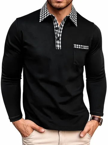 Men Business Casual Long Sleeve Polo Shirt Plaid Contrast Lapel Quick Dry Breathable Top For Spring Autumn