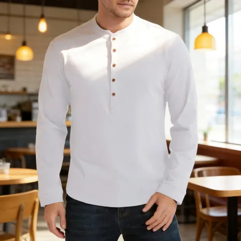 Men's Long Sleeve Henley Shirt Pure Cotton Antibacterial Solid Color Button Casual Base Layer T-Shirt Slim Fit Top