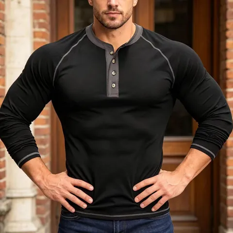 Men Slim Fit Henley T-Shirt Long Sleeve Contrast Raglan Stitching Breathable Cotton Blend Casual Fashion Base Layer Top