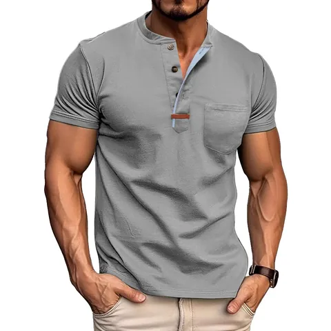 Polo Henley para Hombre Retro Americano Manga Corta Color Sólido Bolsillo en Pecho Poliéster Casual Verano Slim Fit Top