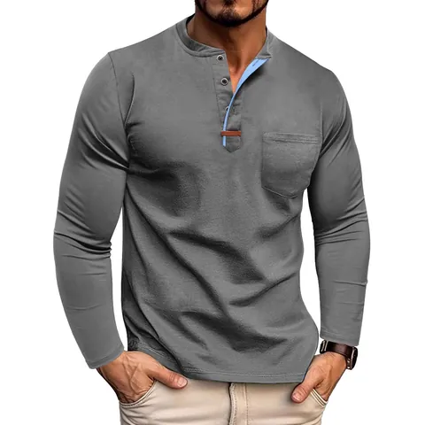 Heren Casual Lange Mouw Henley Shirt Katoenmix Kleurblok Knoopsluiting Slim Fit T-Shirt met Borstzak voor Dagelijks Gebruik