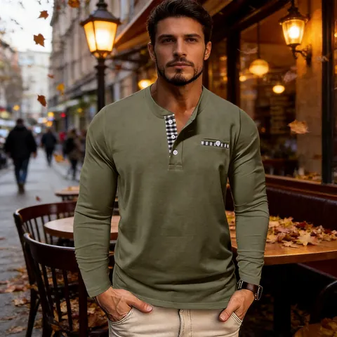 Men's Autumn Casual Cotton Henley Shirt Long Sleeve Slim Fit Plaid Patchwork Pocket Top For Youth Fashion Daily Wear