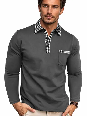 Men Business Casual Long Sleeve Polo Shirt Plaid Contrast Lapel Quick Dry Breathable Top For Spring Autumn