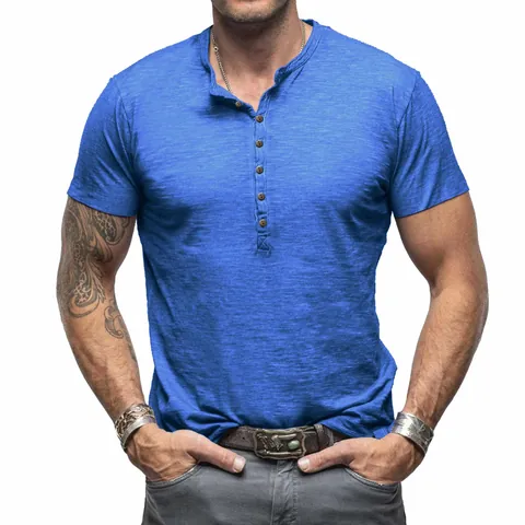 Men's Casual Cotton Slub Henley T-Shirt Solid Color Short Sleeve Stand Collar Top With Buttons Breathable Comfortable Tee