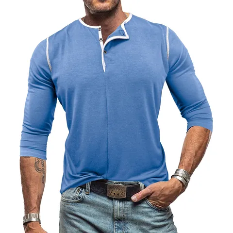 Men Casual Cotton Blend Long Sleeve Henley Shirt Slim Fit Contrast Trim Round Neck Pullover T-Shirt Daily Basic Top