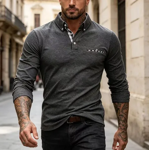 Men Business Casual Long Sleeve Polo Shirt Gingham Patchwork Turn Down Collar Cotton Blend Slim Fit Knitted Top For Daily
