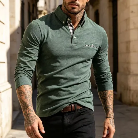 Men Business Casual Long Sleeve Polo Shirt Gingham Patchwork Turn Down Collar Cotton Blend Slim Fit Knitted Top For Daily