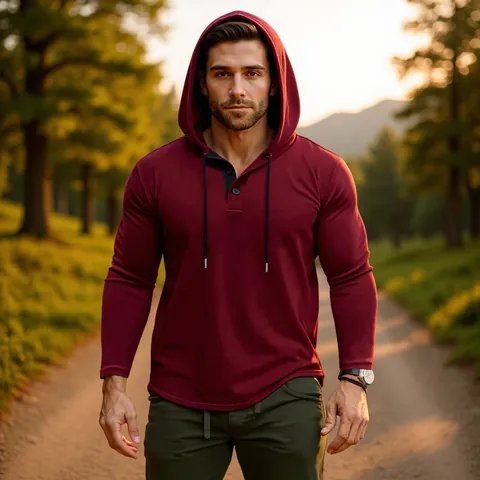 Felpa con Cappuccio Henley a Maniche Lunghe da Uomo Asciugatura Rapida Coulisse Tinta Unita Poliestere Traspirante Sportiva Casual Felpa con Cappuccio Top Abbigliamento Autunno Inverno