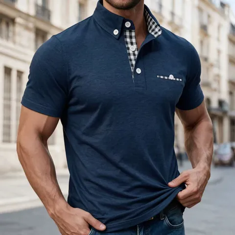 Polo da Uomo Smart Casual a Maniche Corte in Misto Cotone con Taschino e Dettagli a Quadri Patchwork Moda Estiva Traspirante