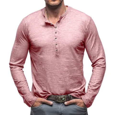 T-Shirt Henley à Manches Longues Décontracté pour Hommes en Coton Flammé Coupe Ajustée Couleur Unie Top Rétro