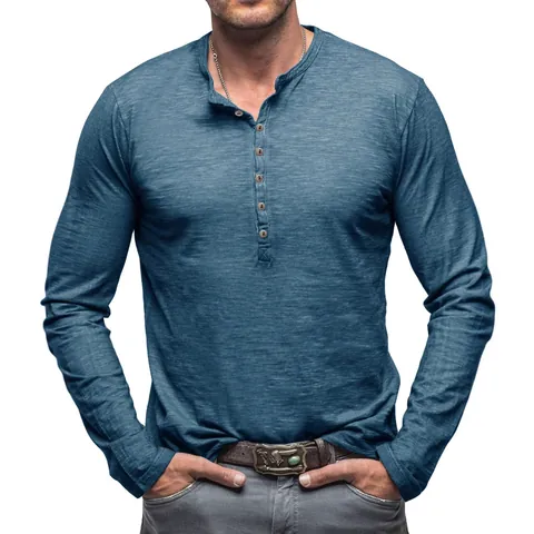 T-Shirt Henley à Manches Longues Décontracté pour Hommes en Coton Flammé Coupe Ajustée Couleur Unie Top Rétro