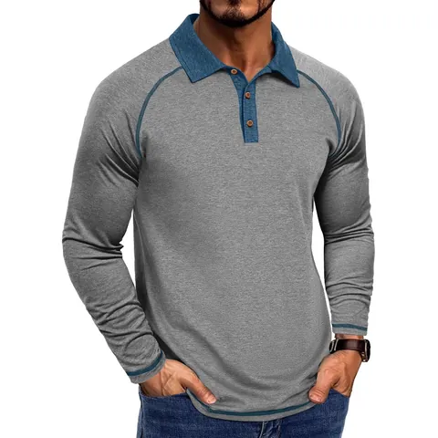 Men's Long Sleeve Polo Shirt Color Block Acetate Fiber Moisture Wicking Lapel Collar Casual Top Slim Fit Summer Basic Fashion